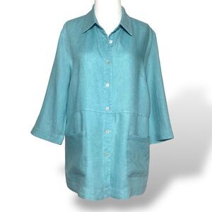 COLDWATER CREEK Linen Jacket Women M Turquoise Lightweight Lagenlook Oversized
